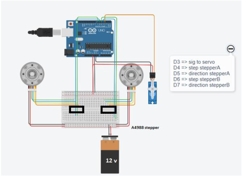 Wiring schematic showing the Arduino UNO, two NEMA17 steppers, a servo, and a 12V supply on a breadboard
