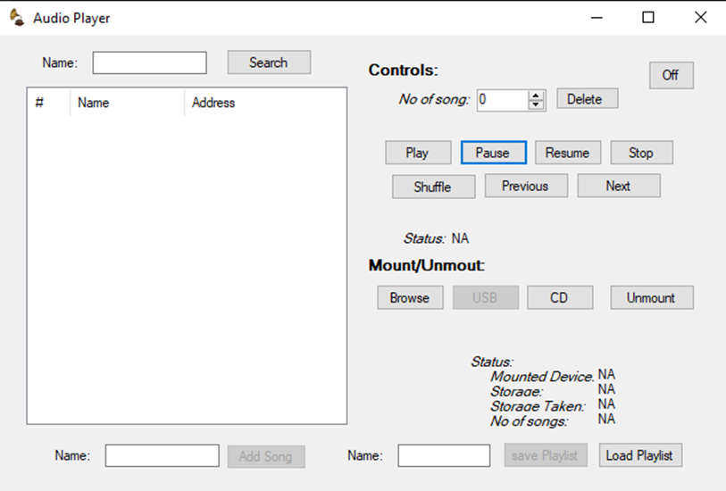 C++ audio player interface, showing the playlist, playback controls, and mount/unmount panel