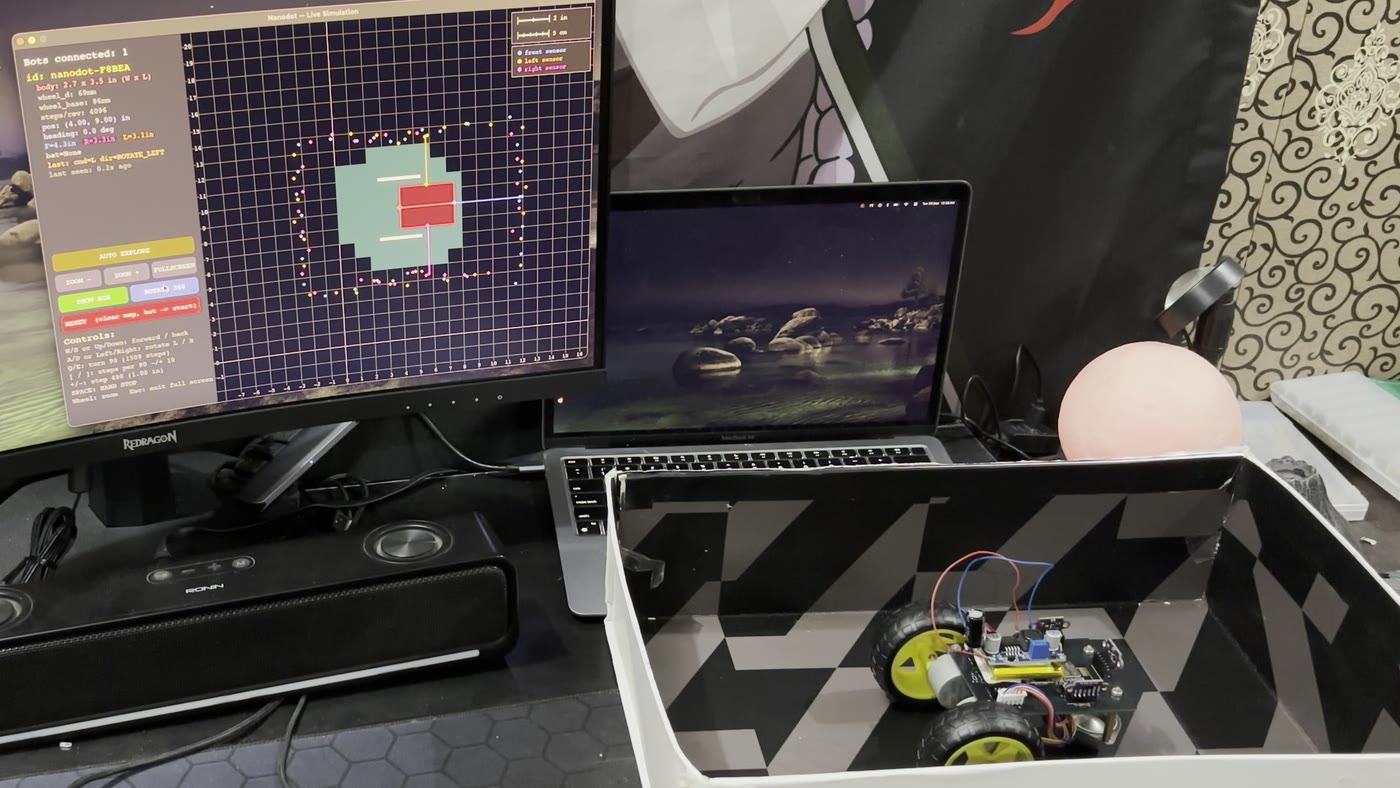 The Nanodot robot driving inside a walled cardboard arena on the desk, while the monitor behind it shows the live simulation: the bot's position, three sensor rays, and a ring of mapped wall points