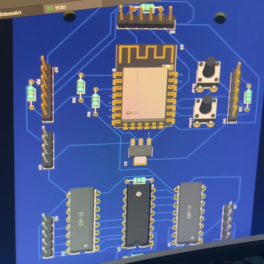 3D render of the Nanodot PCB layout in the design tool, showing the ESP-12E module, voltage regulator, three DIP-16 chips and pin headers