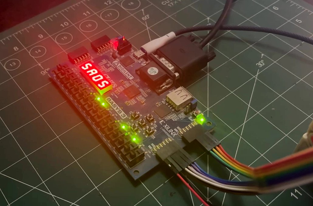 The Basys 3 board wired to an OV7670 camera, mid-run, with the seven-segment display lit