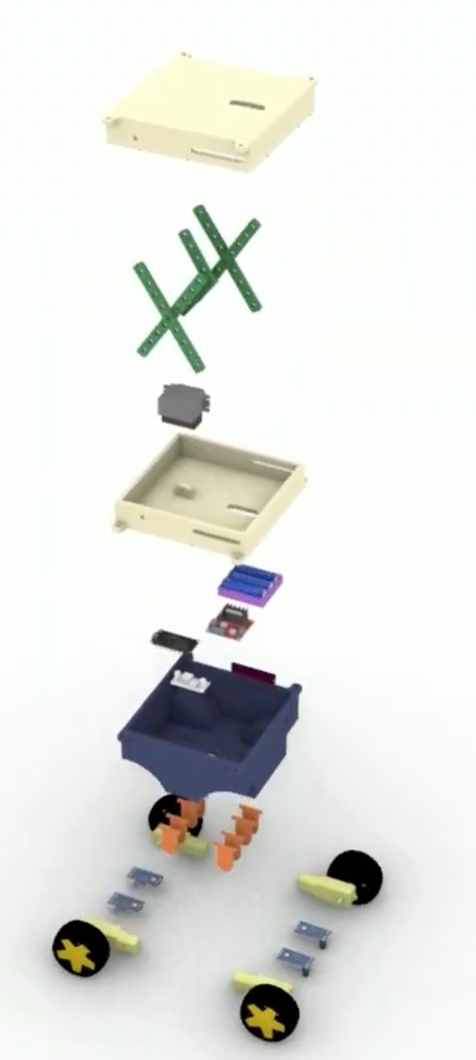 Exploded CAD view of a single robot's top cover, chassis frame, battery pack, driver board, and wheel assembly